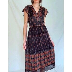 1970s Vintage Flutter Sleeve Paisley Border Print Midi Dress: Women's S